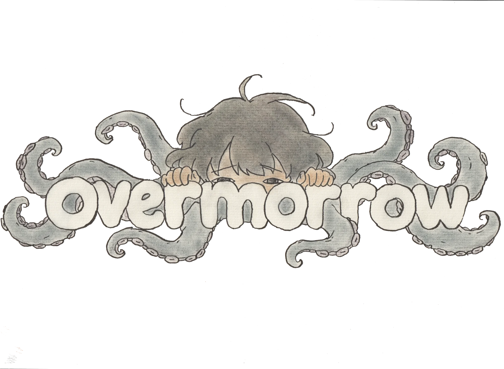 Overmorrow — a child peeking over bubble letters wrapped in octopus tentacles